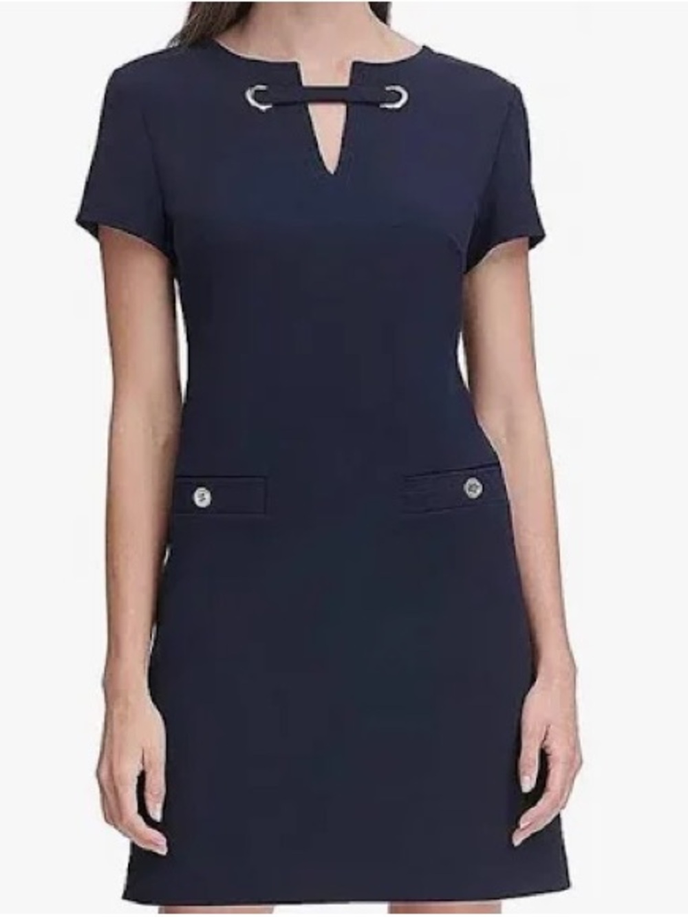 Tommy Hilfiger Navy Blue Short Sleeve Sheath Dress with Metal Accent size 10